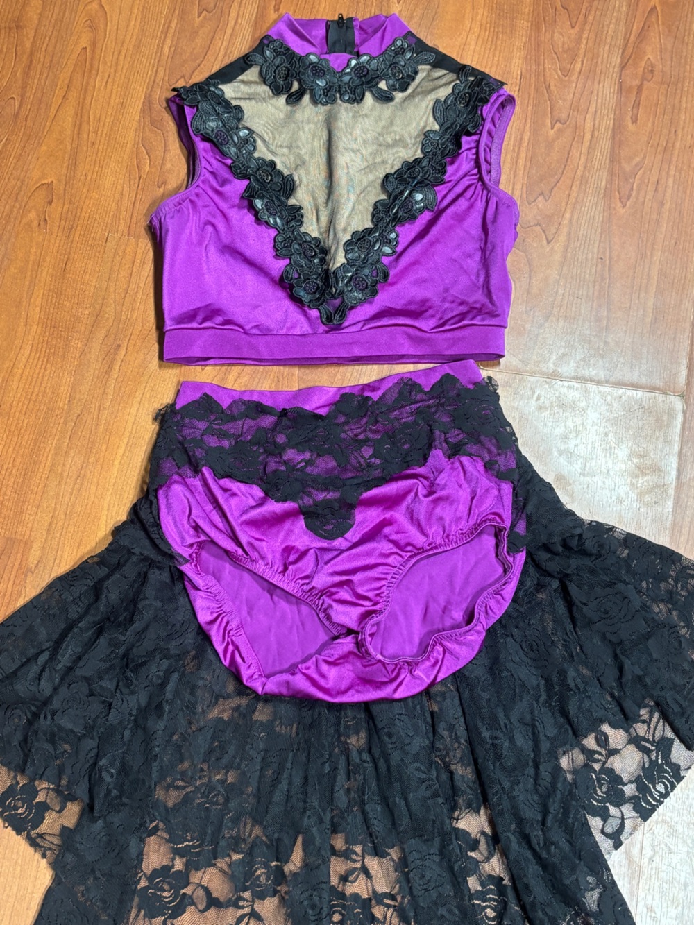 Purple Satin & Black Lace Women's Panty Set
